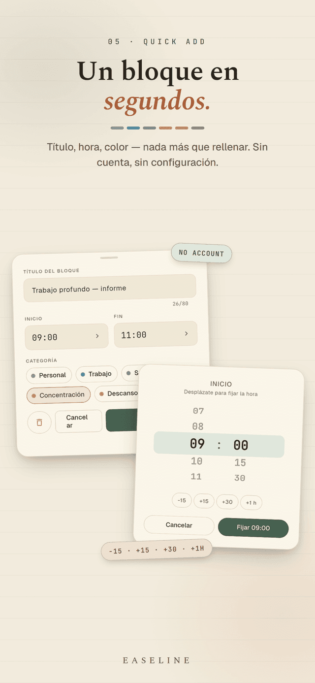 Easeline añadir rápido - crea un bloque solo con título, hora y color desde la hoja de edición y el selector de hora en rueda, sin cuenta ni configuración