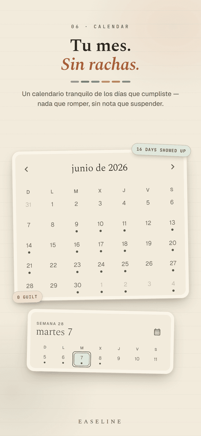 Easeline calendario mensual - un mes tranquilo que marca con puntos los días que apareciste, sin rachas que romper