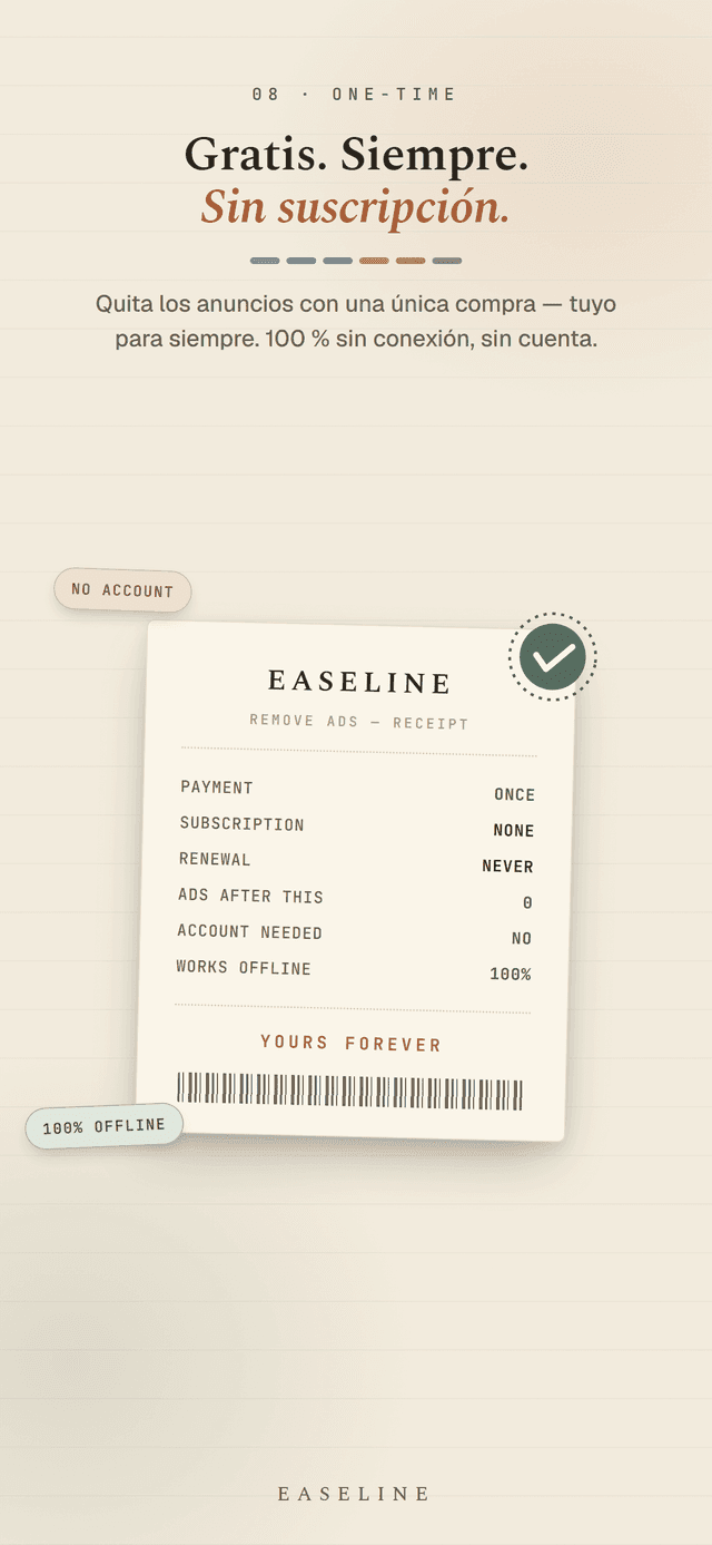 Easeline es tuyo - una única compra elimina los anuncios para siempre, 100% sin conexión y sin cuenta ni suscripción