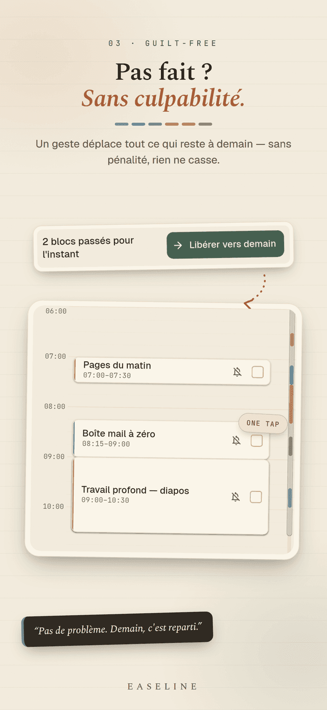 Easeline replanification sans culpabilité - une touche déplace tous les blocs non terminés à demain, sans pénalité ni rien à casser