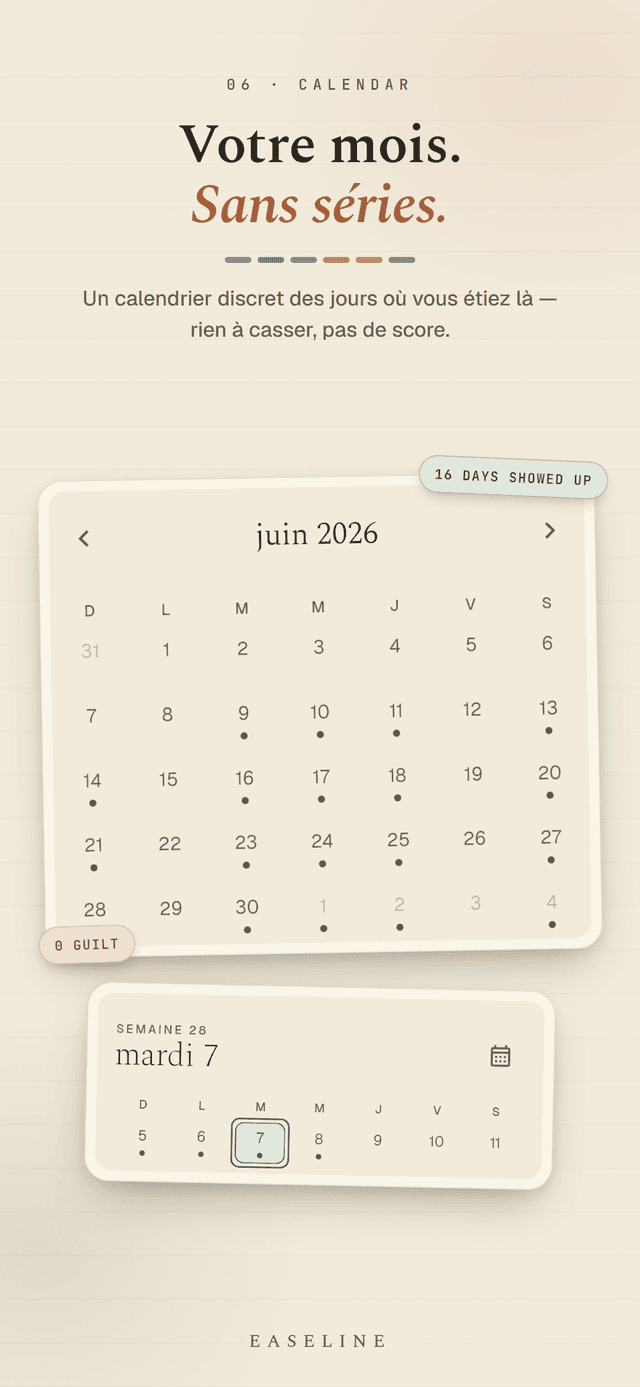 Easeline calendrier mensuel - un mois paisible marquant d'un point les jours où vous étiez là, sans série à briser