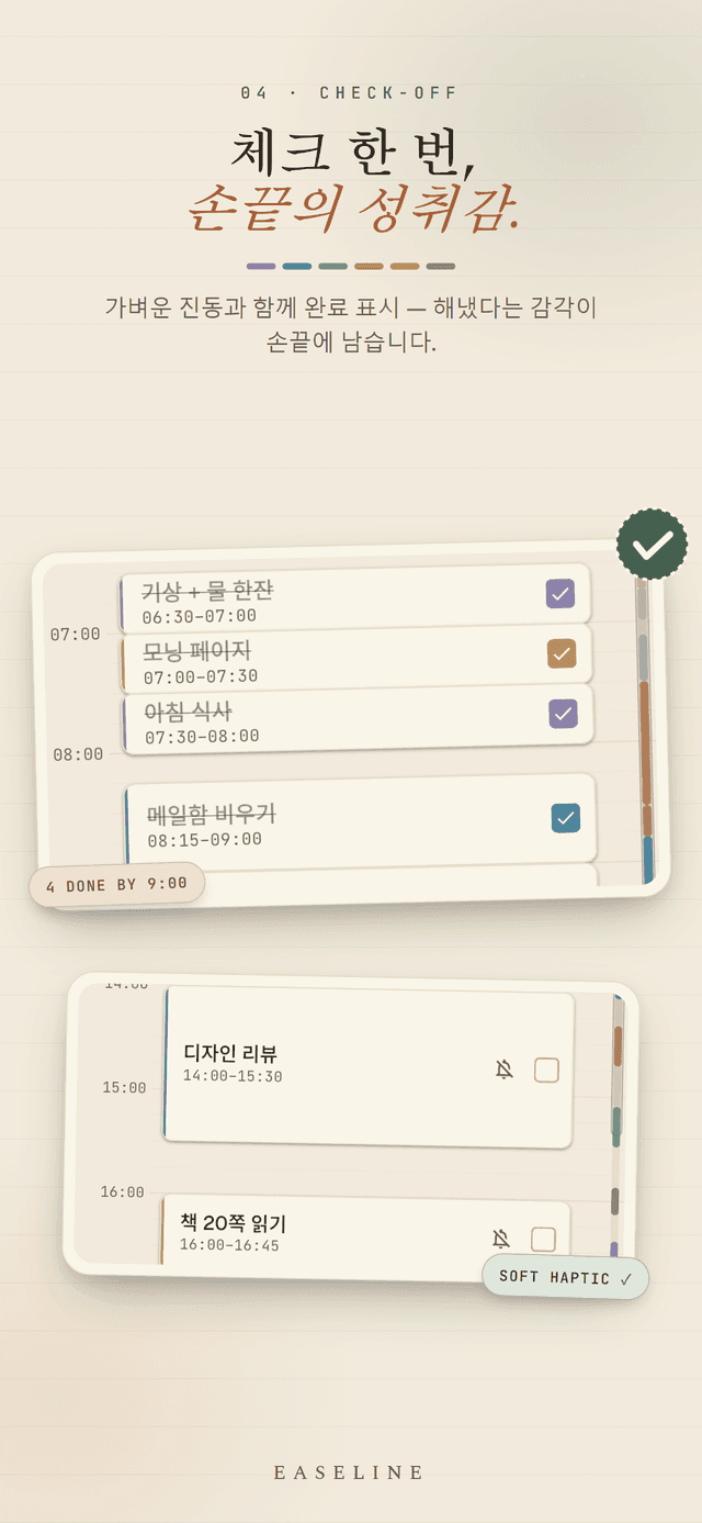 Easeline 체크오프 - 아침 동안 블록을 눌러 완료하면 부드러운 햅틱이 오고 9시까지 4개를 끝낸 화면