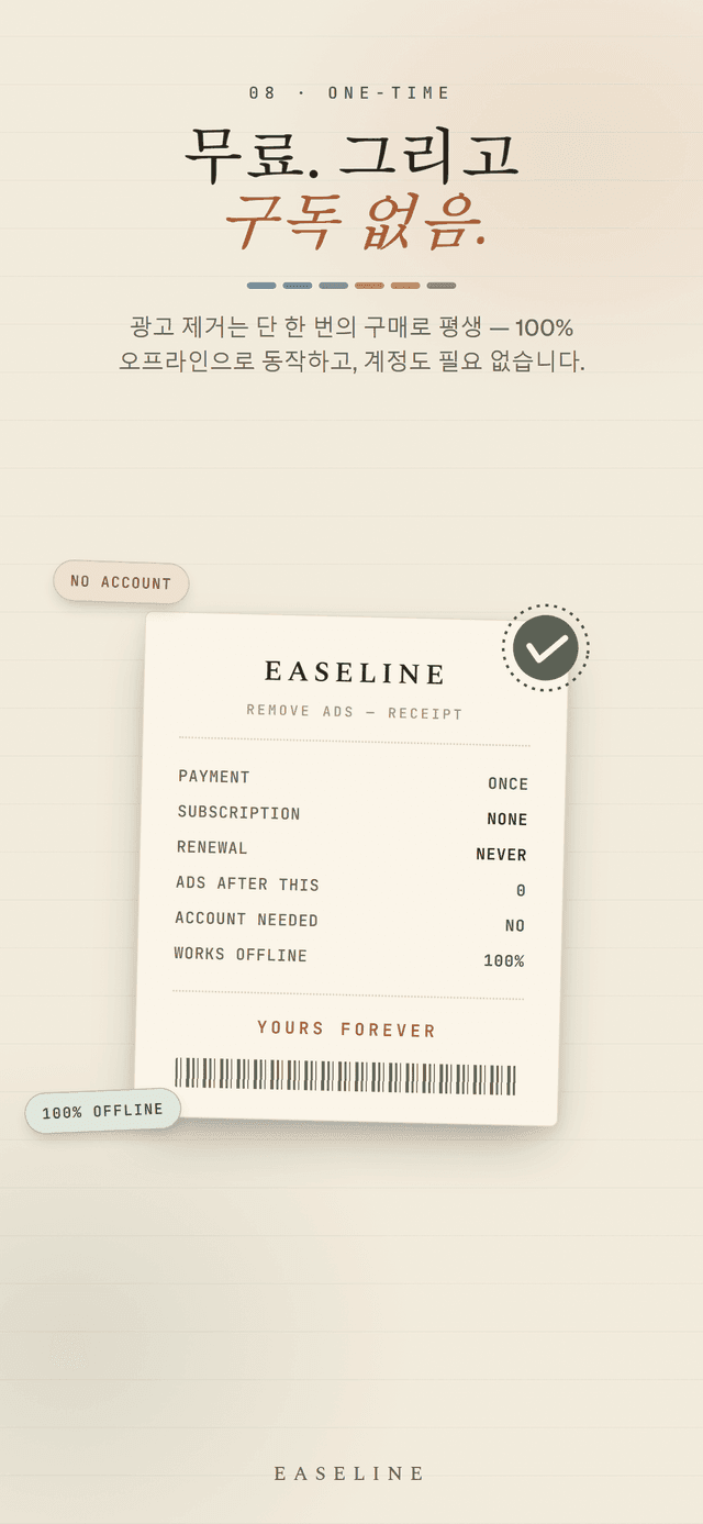 Easeline 영수증 - 한 번의 일회성 구매로 광고를 영구 제거하고 계정도 구독도 없이 100% 오프라인으로 동작하는 화면