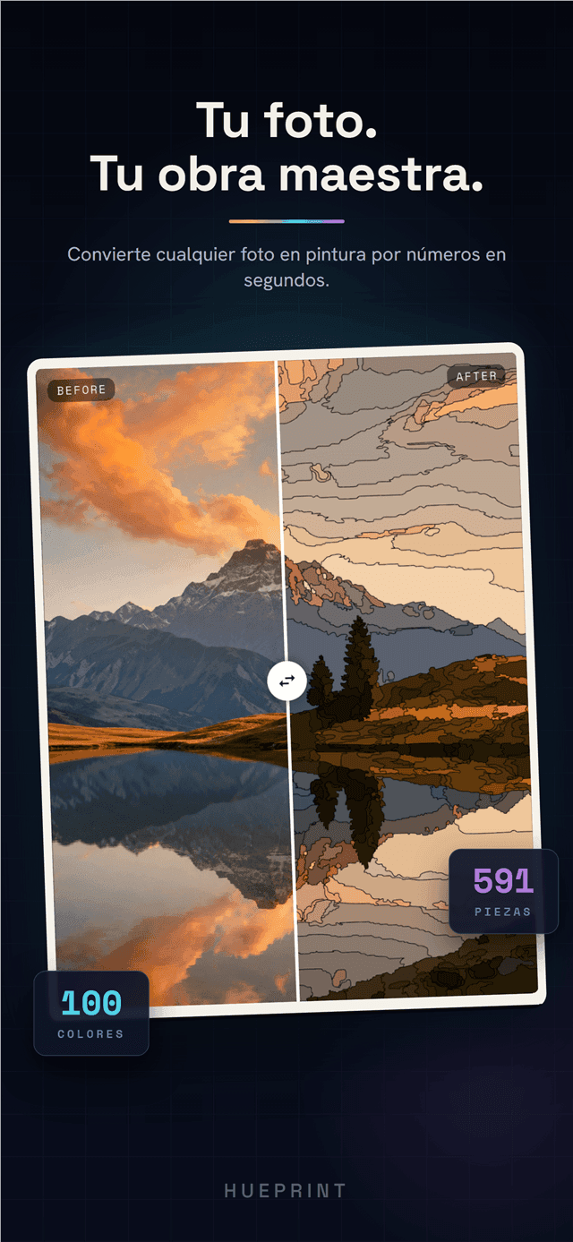 Imagen antes y después: una foto de un lago al atardecer convirtiéndose en una pintura numerada