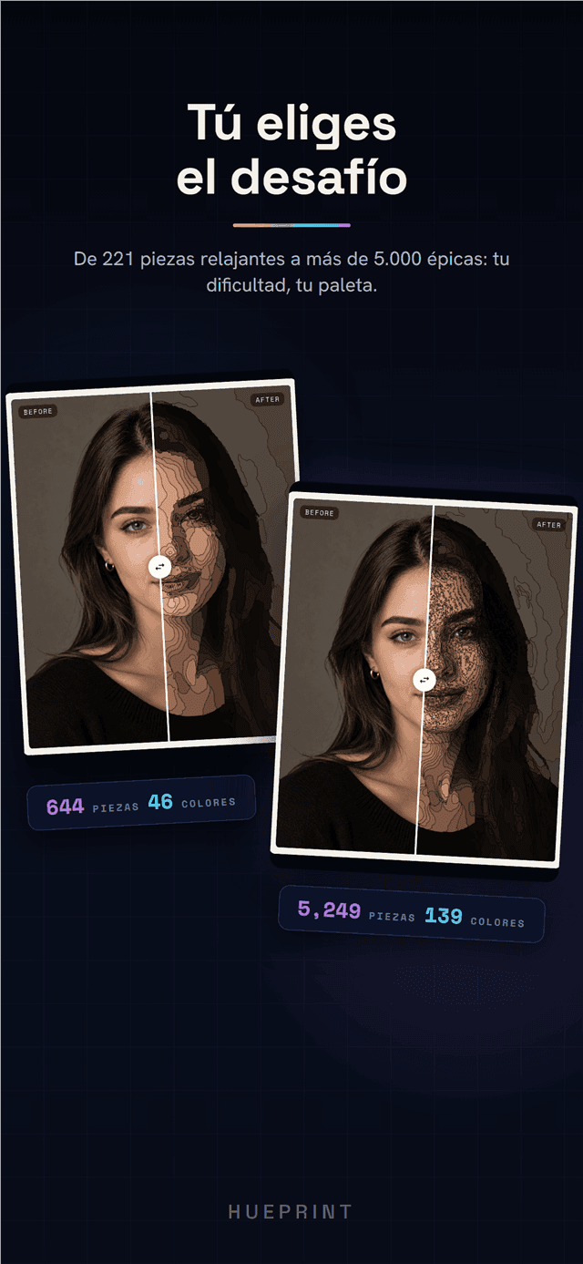Dos conversiones de retrato una junto a otra - 644 piezas frente a 5.249 piezas