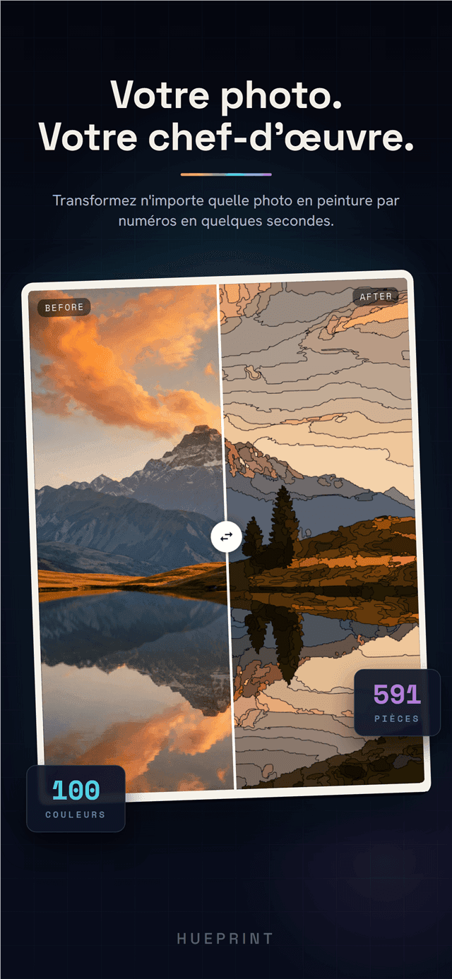 Visuel avant-après : une photo de lac au coucher du soleil se transformant en peinture numérotée
