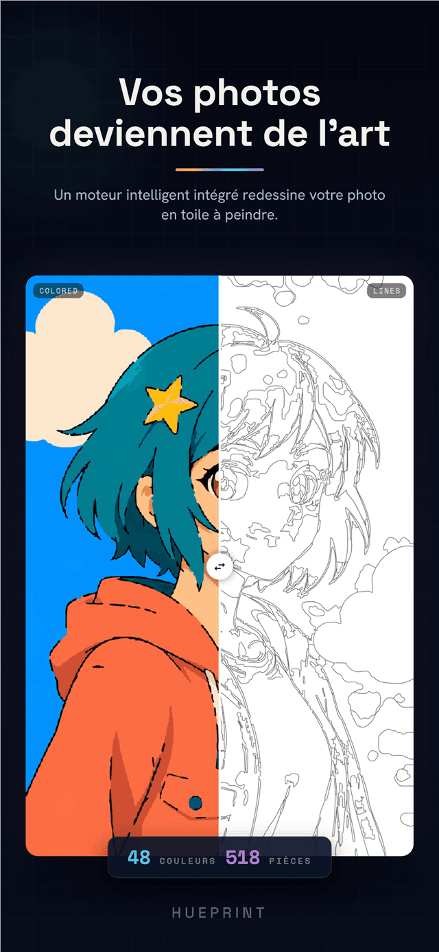 Écran de conversion séparant un portrait façon anime en moitié couleur et moitié dessin au trait