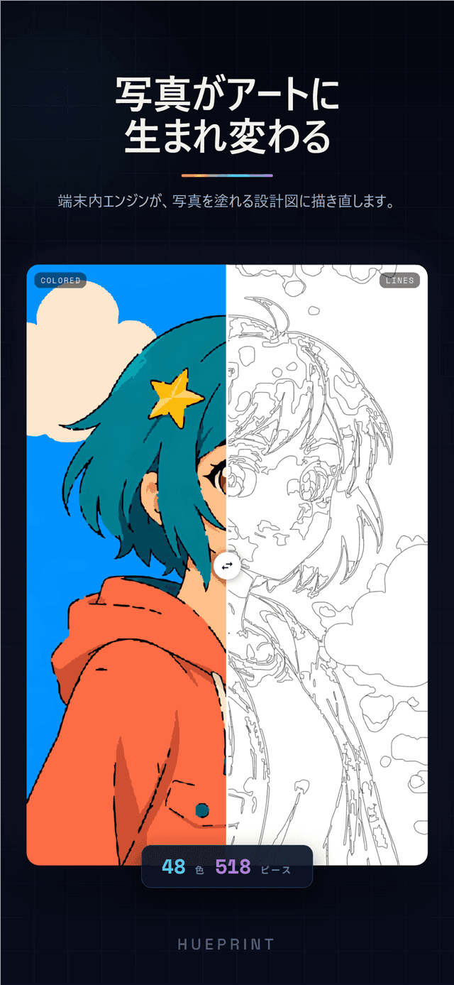 アニメ風ポートレートがカラーと線画の半分に分かれる変換画面