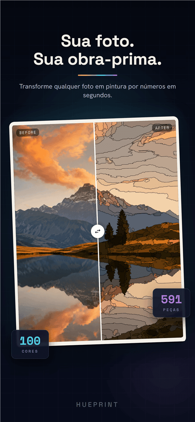 Imagem antes e depois: uma foto de um lago ao pôr do sol se transformando em uma pintura numerada
