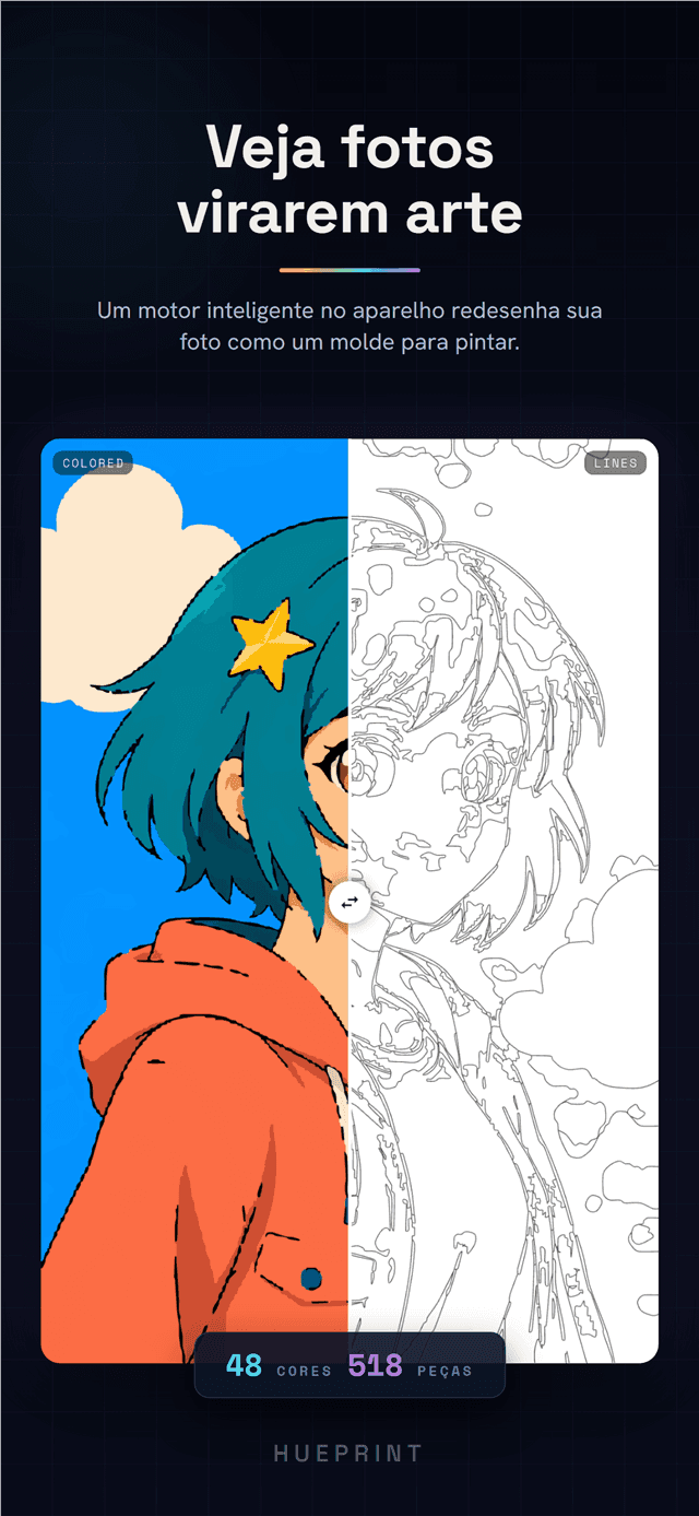 Tela de conversão dividindo um retrato estilo anime em metade colorida e metade em linhas