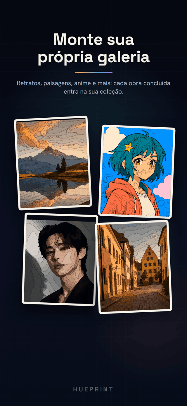 Uma parede de galeria com quatro obras prontas emolduradas - paisagem, anime, retrato e cena de rua