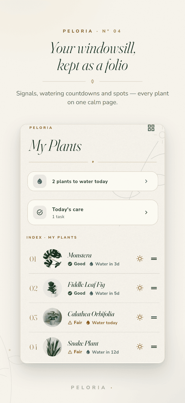 My Plants folio - every plant on one calm page with its light status and watering countdown, plus today's watering and care tasks