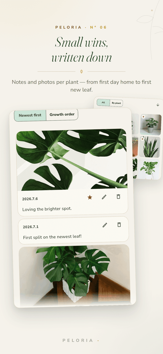 Plant journal - dated notes and growth photos per plant, from first day home to the first new leaf