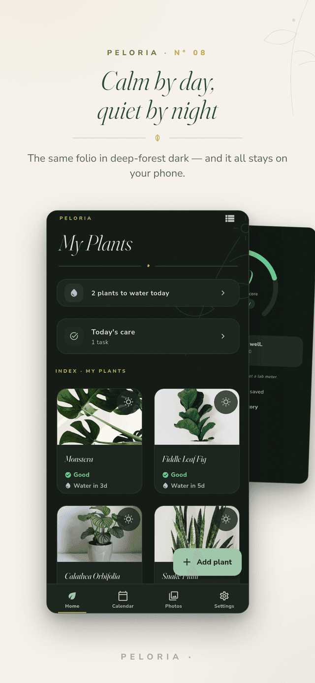 Dark mode - the same plant folio in deep-forest dark, with everything kept on your phone