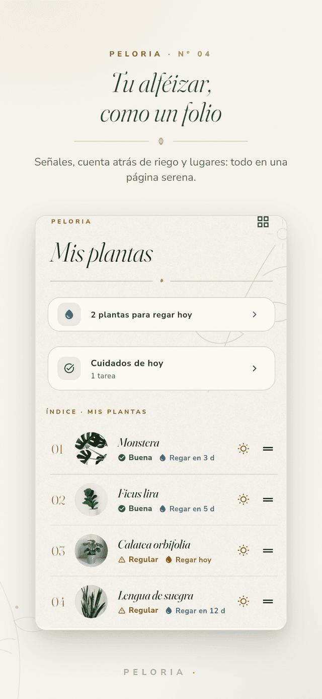 Folio Mis plantas - cada planta en una página tranquila con su estado de luz y la cuenta atrás de riego, más las tareas de riego y cuidado de hoy