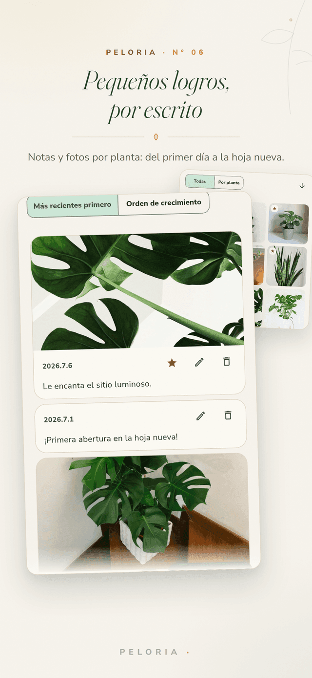 Diario de plantas - notas con fecha y fotos de crecimiento por planta, desde el primer día en casa hasta la primera hoja nueva