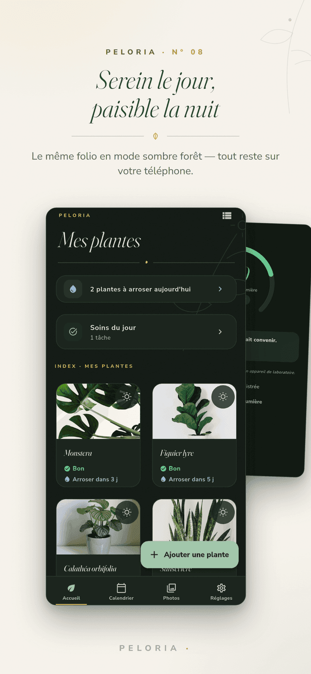 Mode sombre - le même folio de plantes en vert forêt profond, avec toutes les données conservées sur votre téléphone
