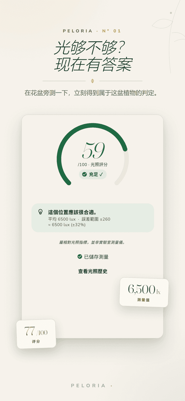 光照判定畫面 - 將手機對準植物,即可得到 0-100 的光照分數與明確判定,是相對光照指標而非實驗室儀器