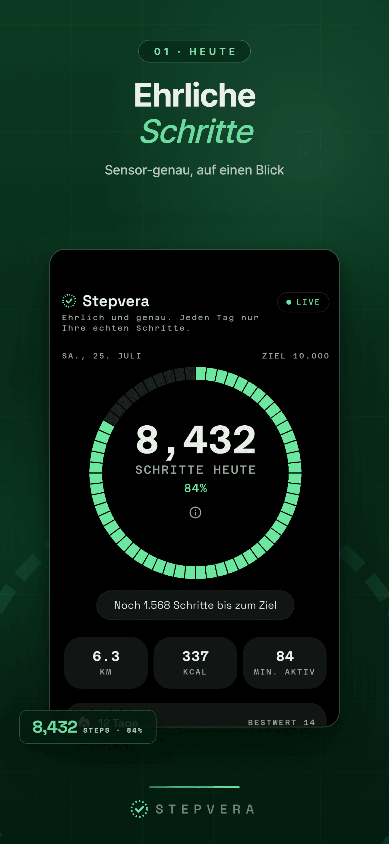 Startbildschirm im dunklen Design mit 8.432 Schritten im Fortschrittsring, dazu Distanz, Kalorien und aktive Minuten