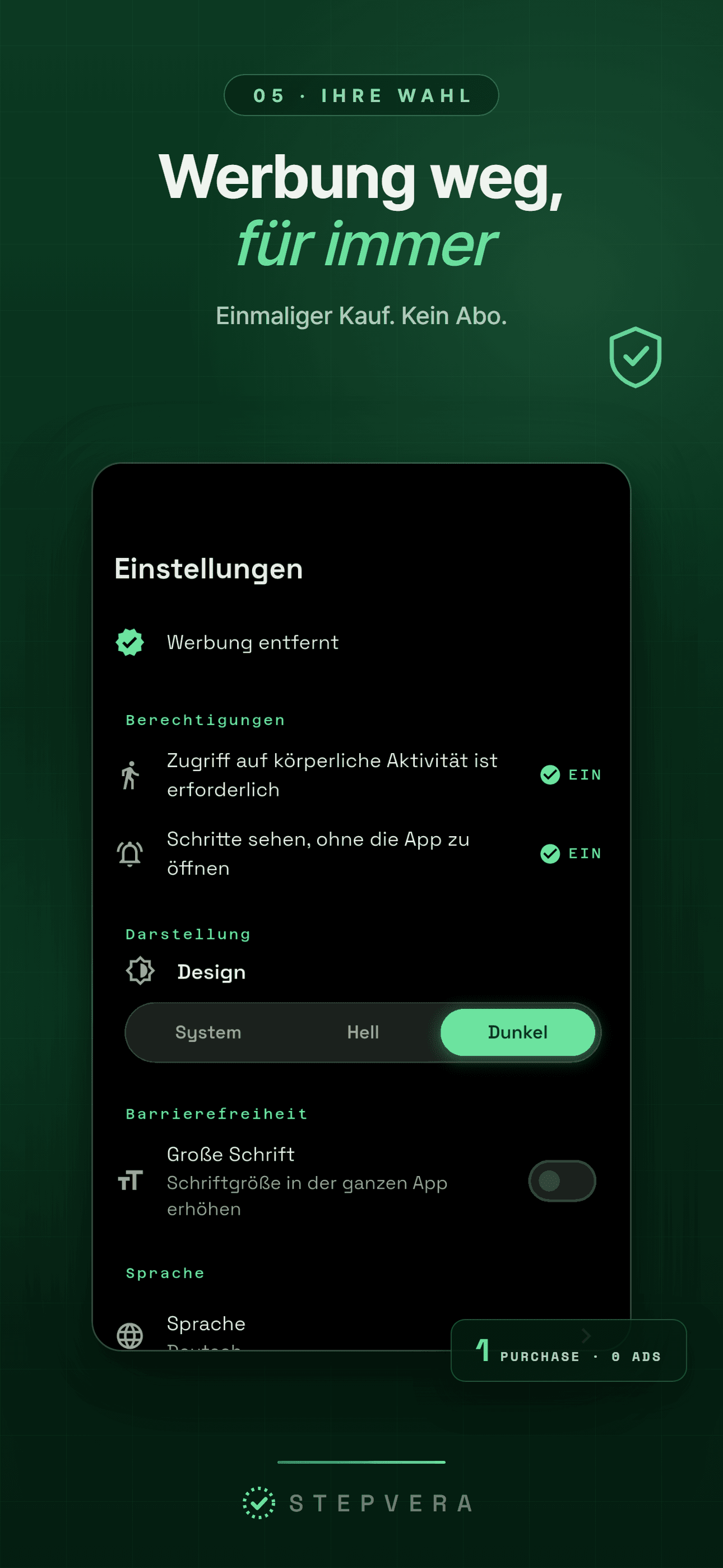 Einstellungen mit der Option zum Entfernen der Werbung, großer Schrift und Erinnerung