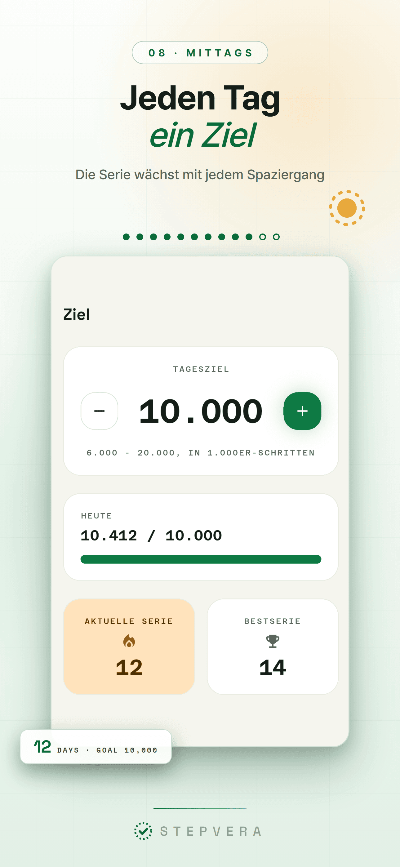 Zielbildschirm im hellen Design mit Tagesziel und Serie