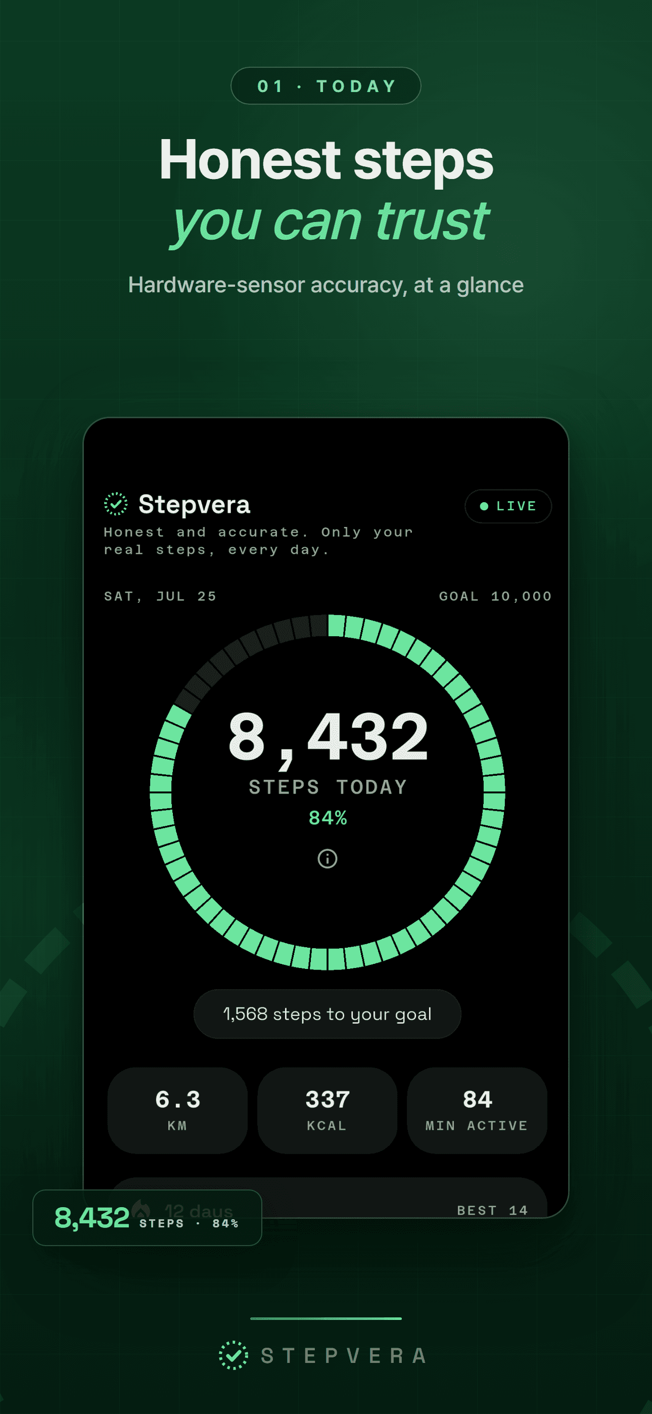 Dark home screen with 8,432 steps on the progress ring, plus distance, calories, and active minutes