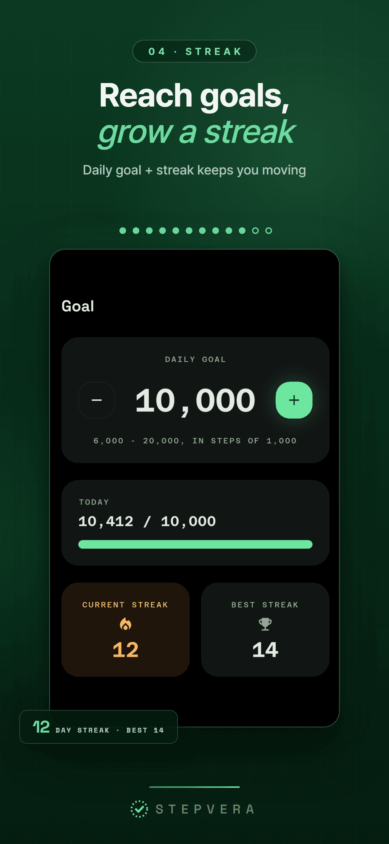 Goal screen with the daily goal reached and a 12-day streak