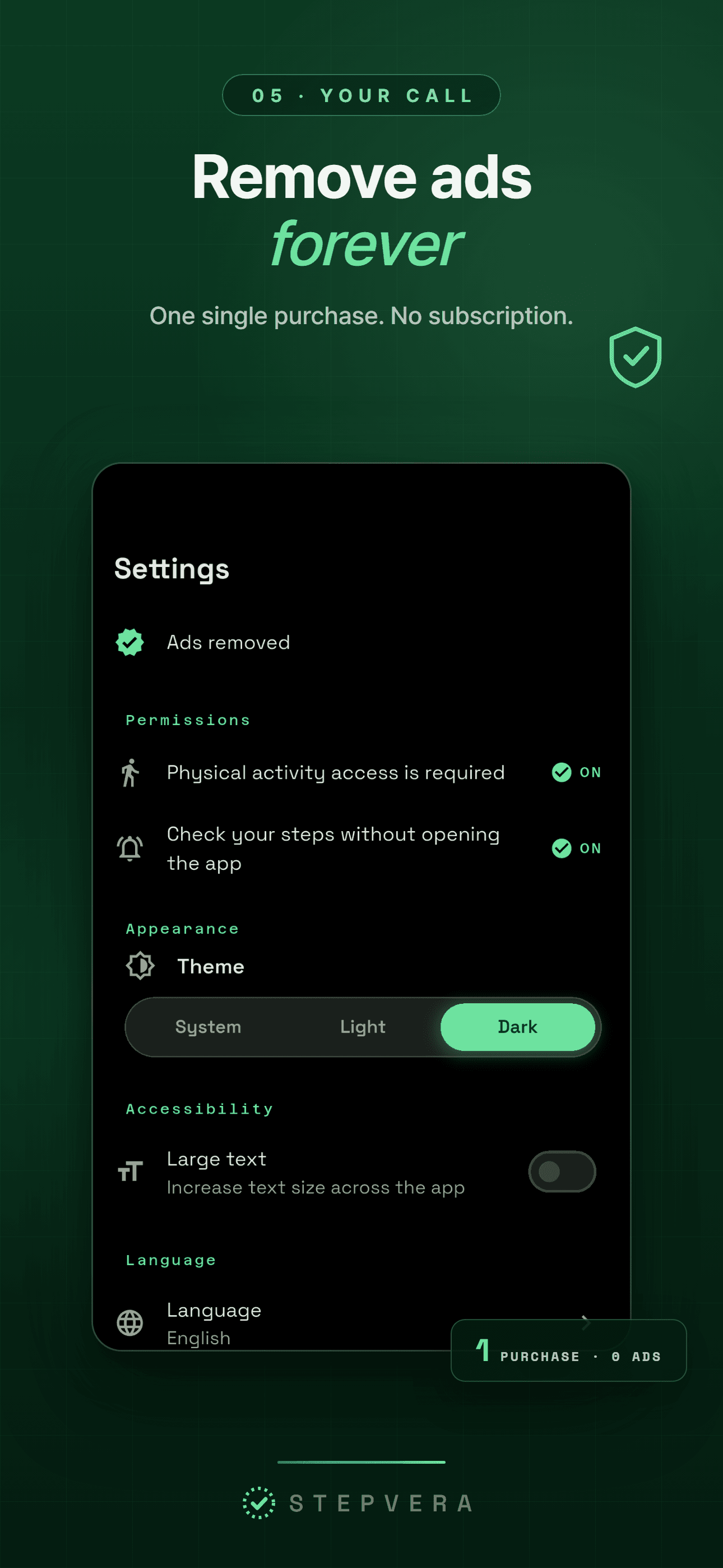 Settings with the remove-ads option, large text, and the reminder