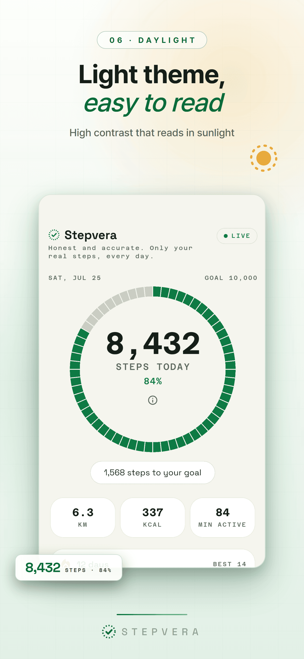 Light-theme home screen with the step ring, easy to read in daylight