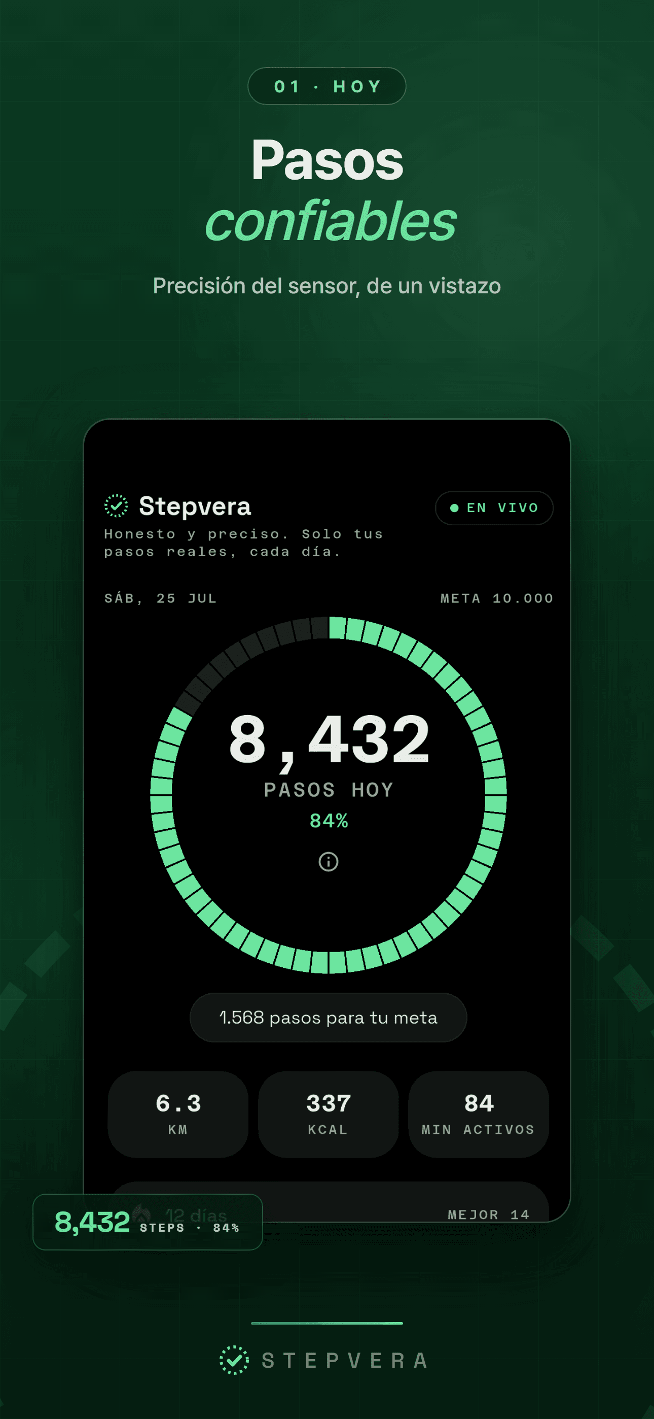 Pantalla principal en tema oscuro con 8,432 pasos en el anillo de progreso, con distancia, calorías y minutos activos
