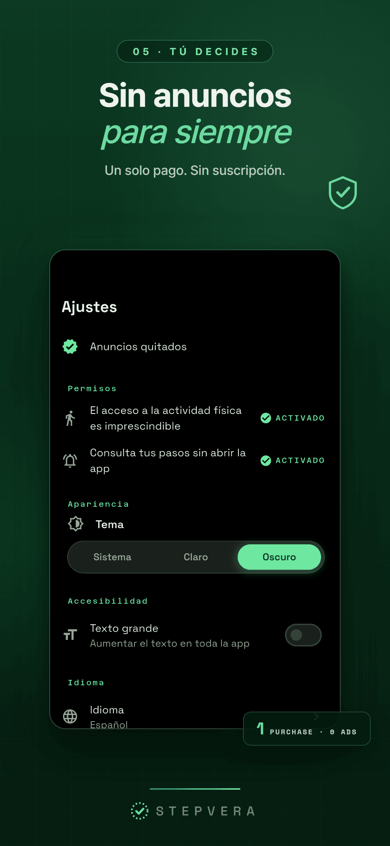 Ajustes con la opción de quitar anuncios, texto grande y el recordatorio