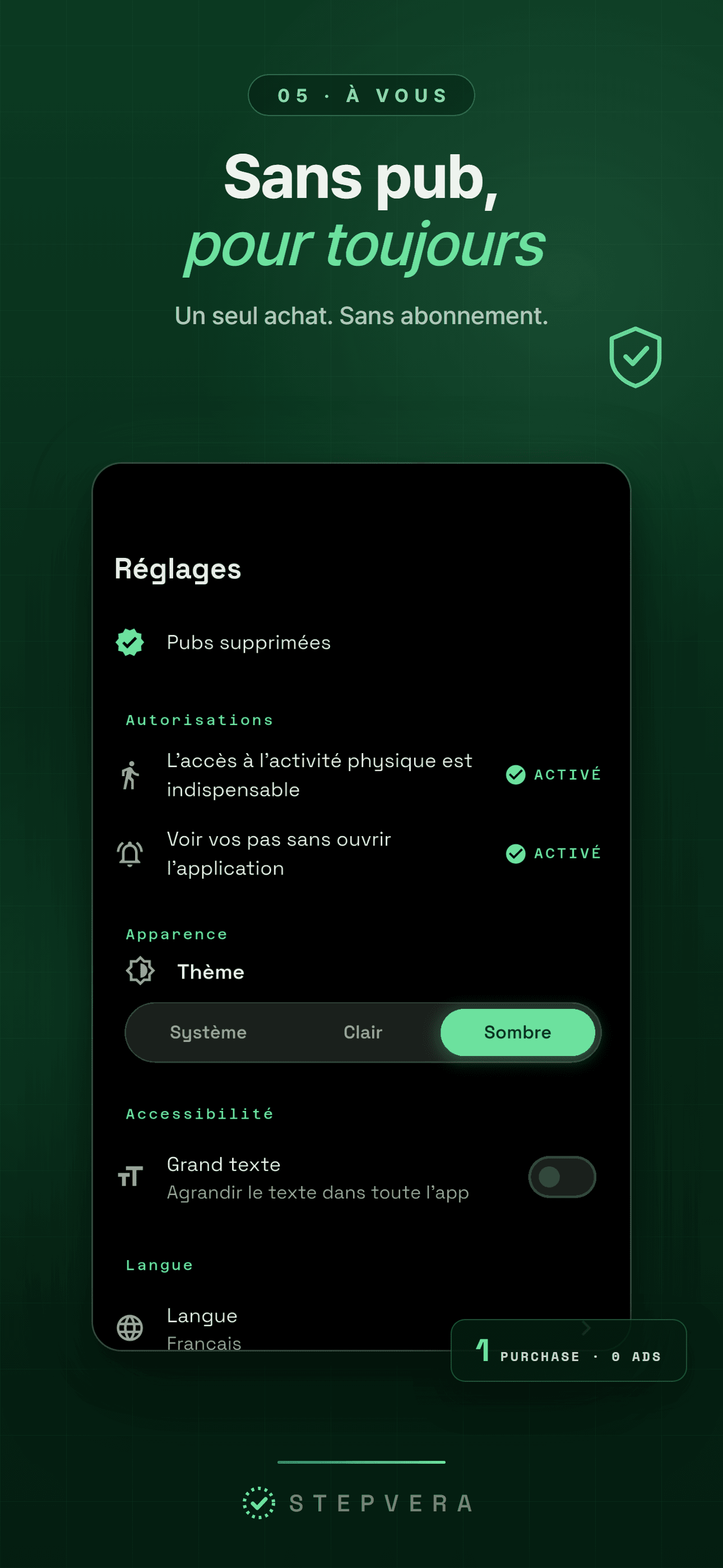 Réglages avec l'option de retrait de la publicité, les grands caractères et le rappel