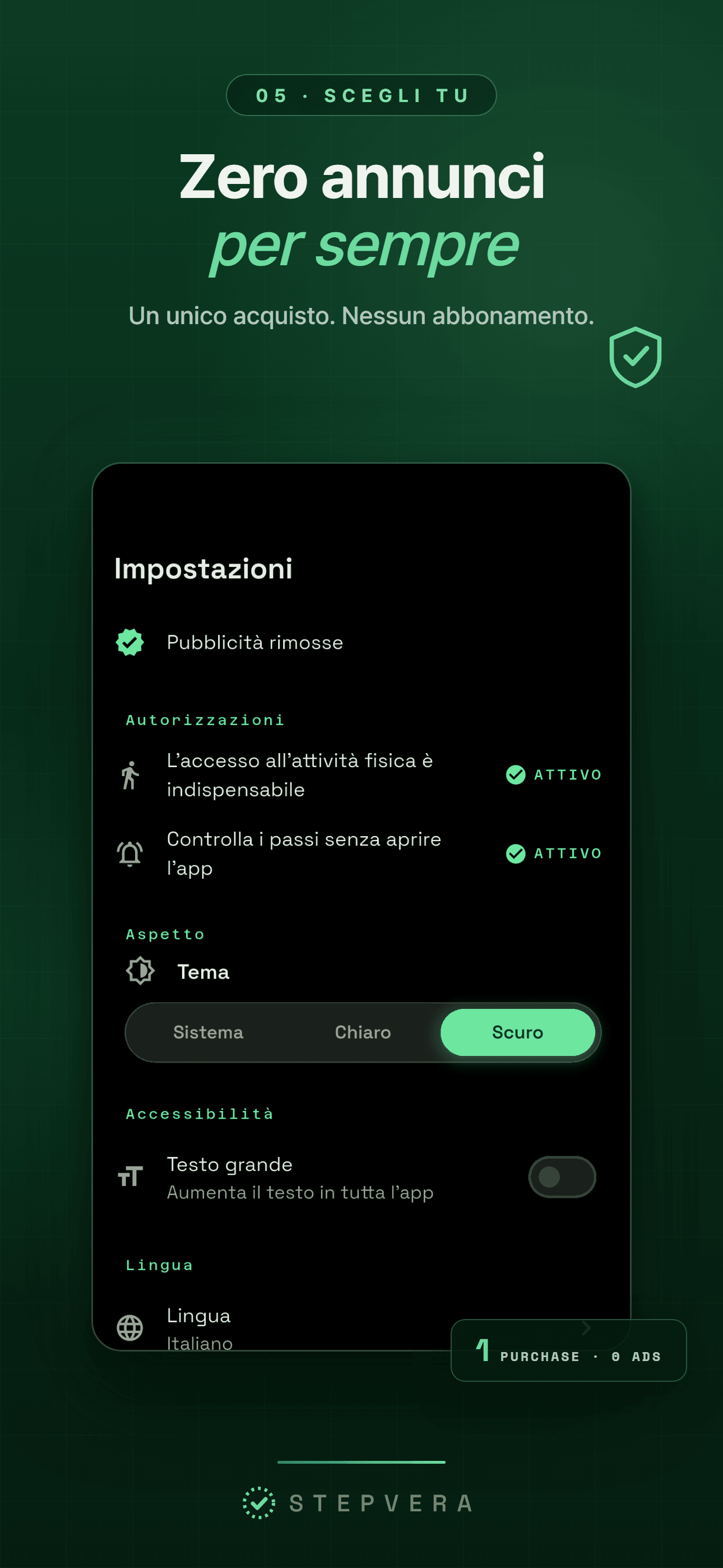 Impostazioni con l'opzione per rimuovere la pubblicità, il testo grande e il promemoria