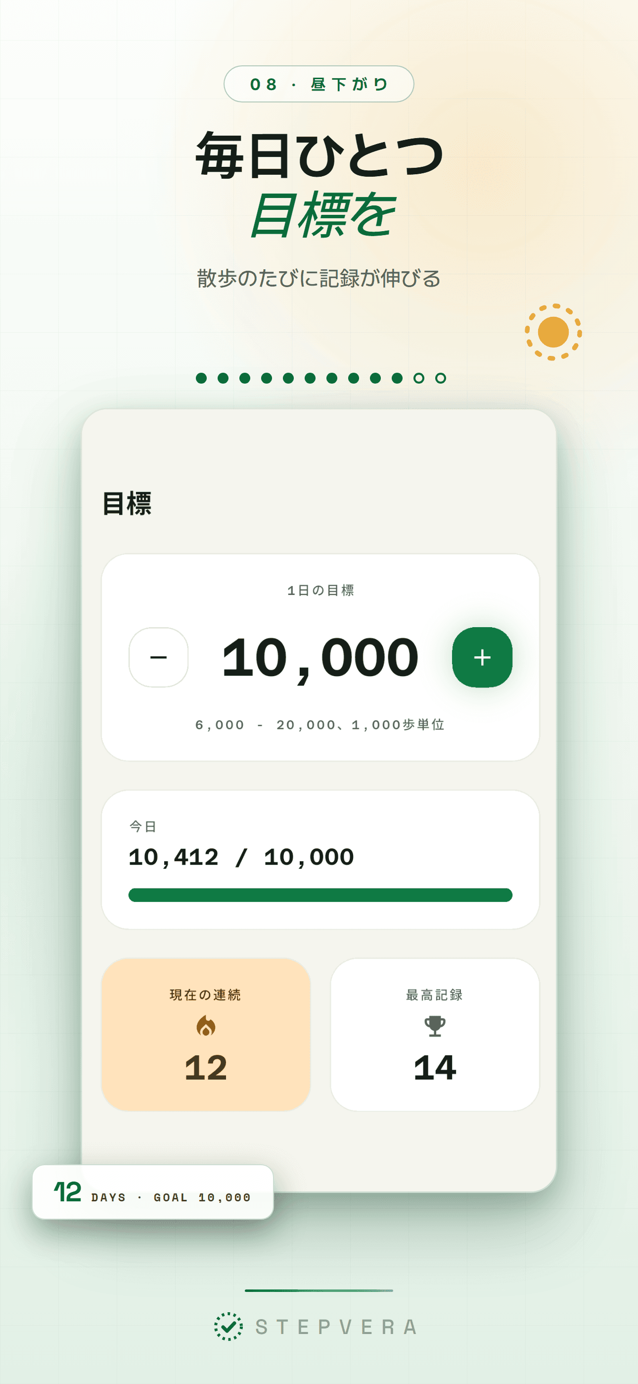 ライトテーマの目標画面。1日の目標と連続記録を表示
