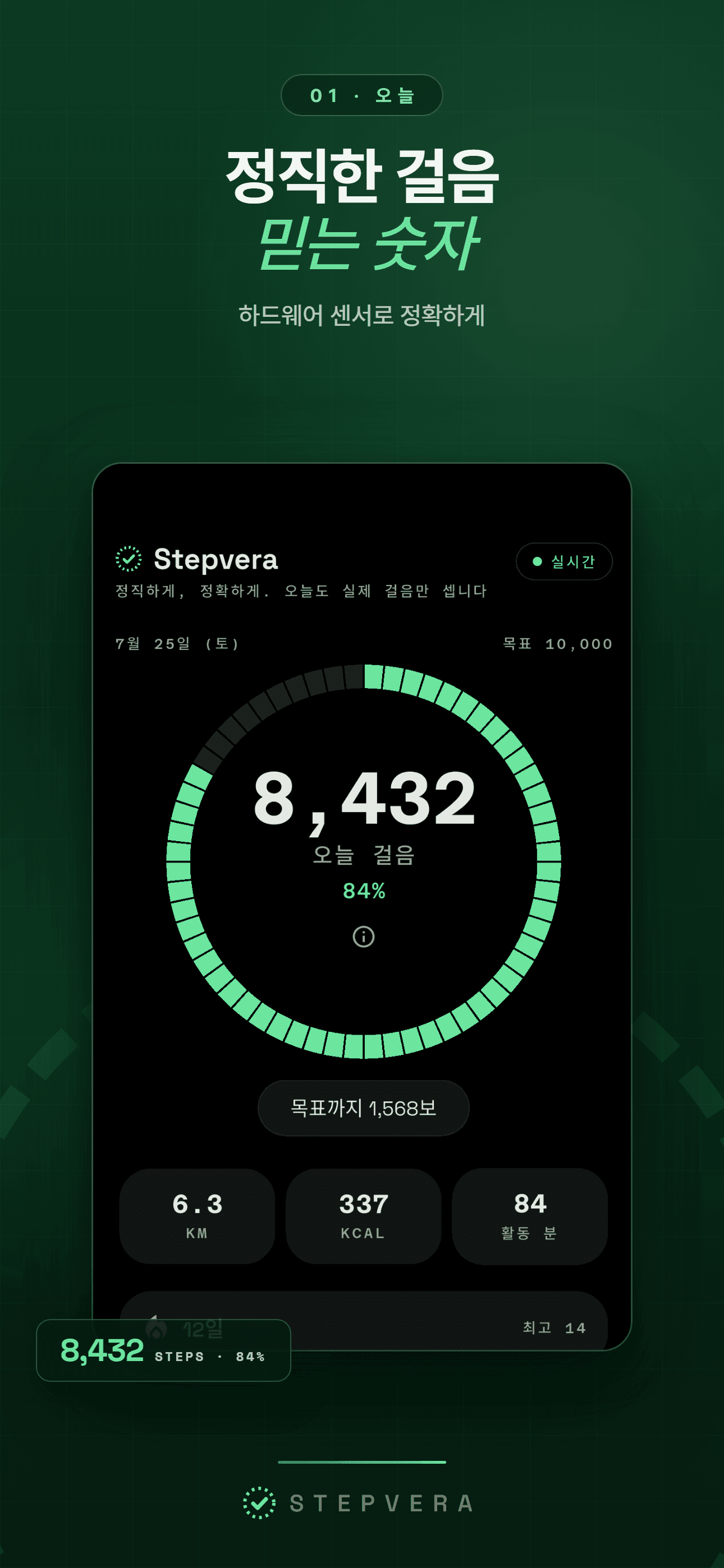 다크 테마 홈 화면 - 진행 링에 8,432보와 거리·칼로리·활동 시간 표시