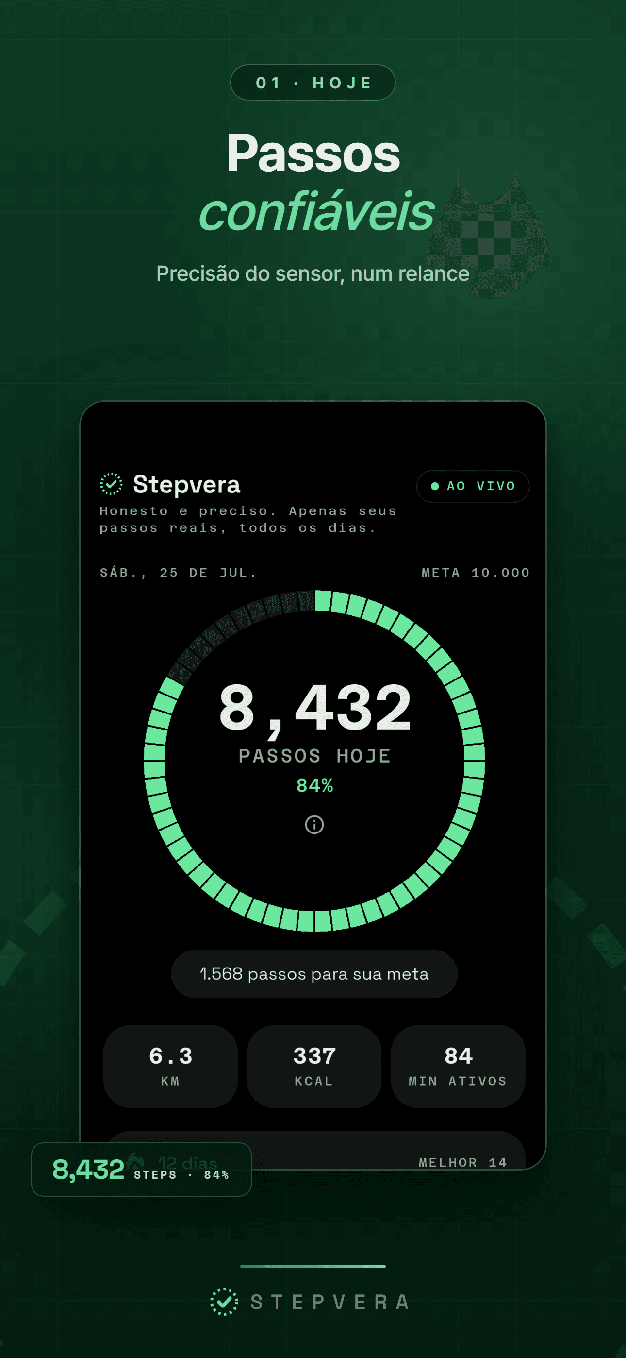Tela inicial no tema escuro com 8.432 passos no anel de progresso, com distância, calorias e minutos ativos