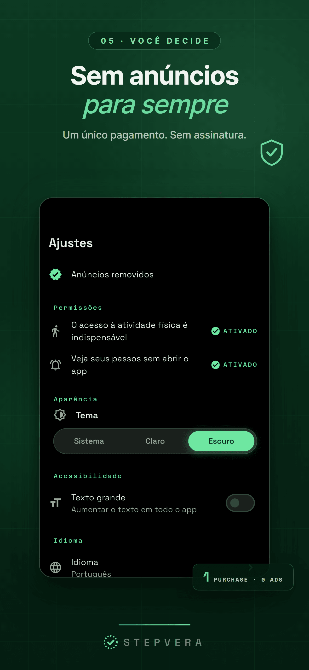 Ajustes com a opção de remover anúncios, texto grande e o lembrete