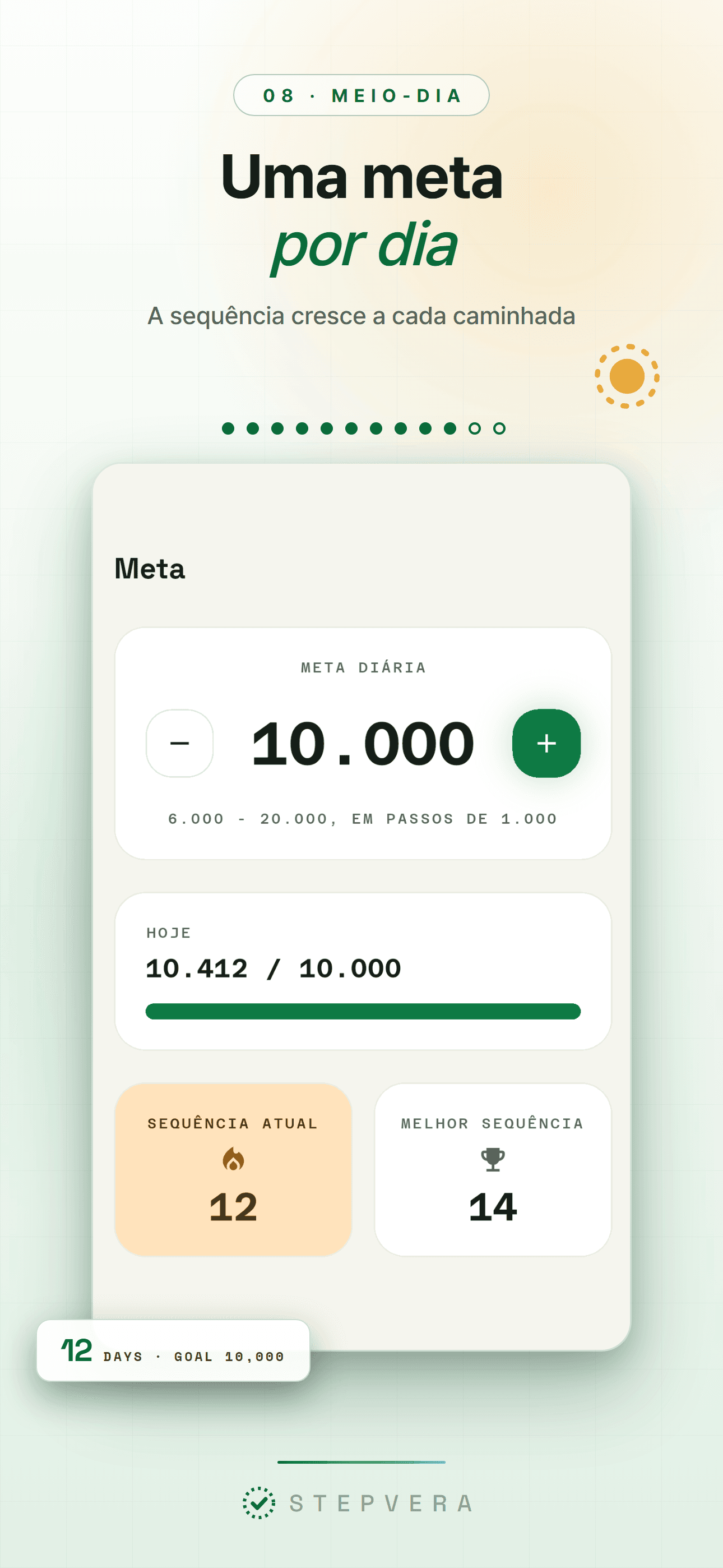 Tela de meta no tema claro com a meta diária e a sequência