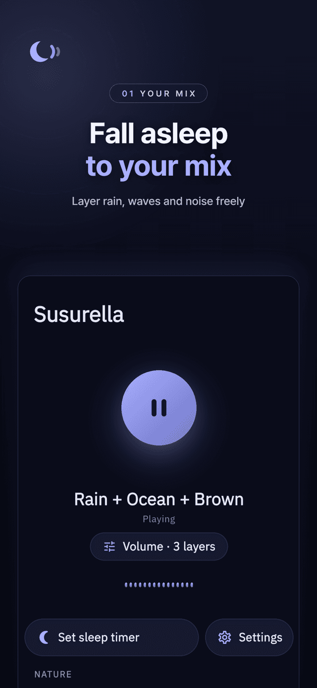 Susurella mixer home with rain, ocean and brown noise playing together