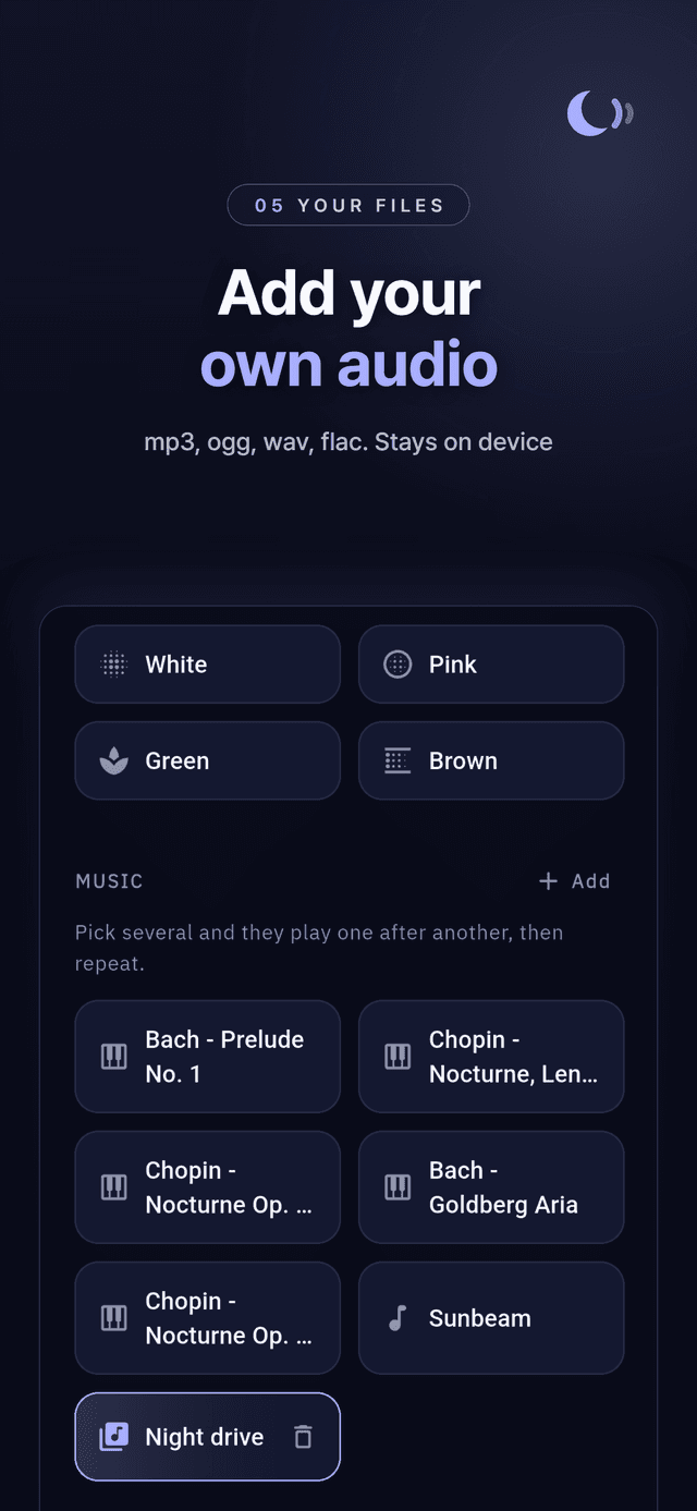 Sound catalogue with noise colours, classical piano and an imported track