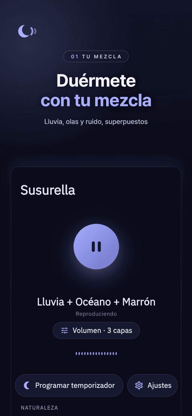 Mezclador de Susurella con lluvia, mar y ruido marrón sonando juntos