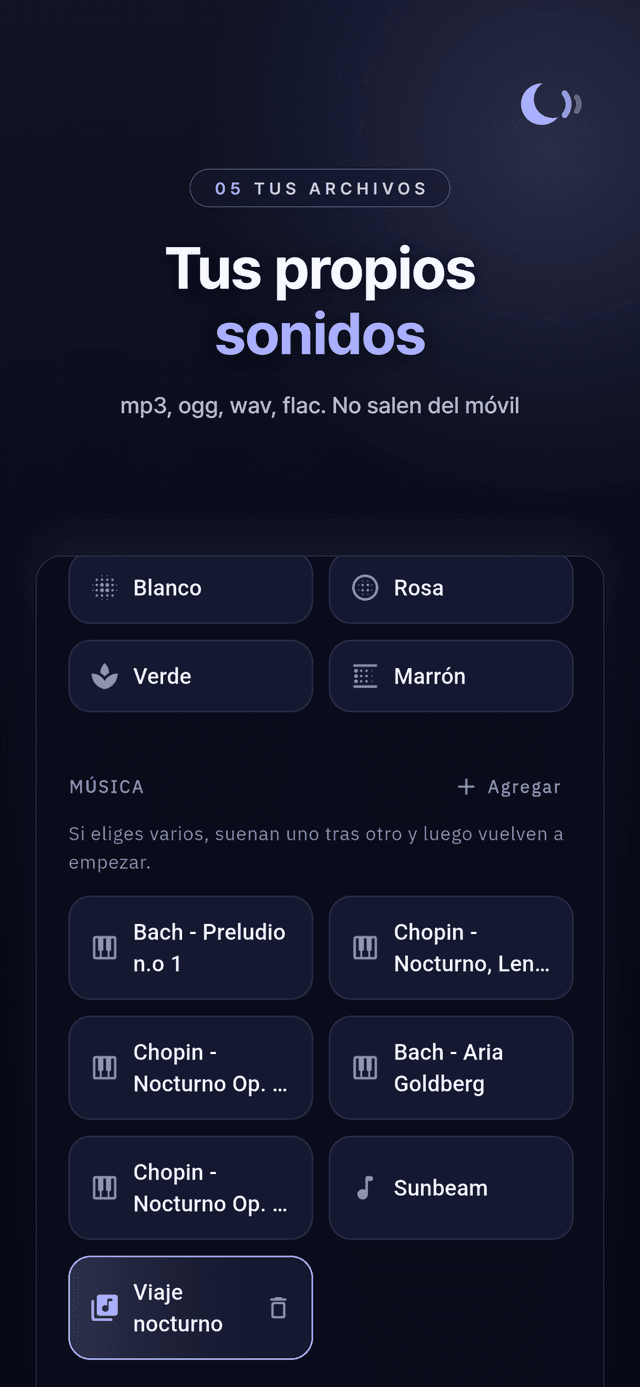 Catálogo de sonidos con los colores de ruido, piano clásico y un archivo importado