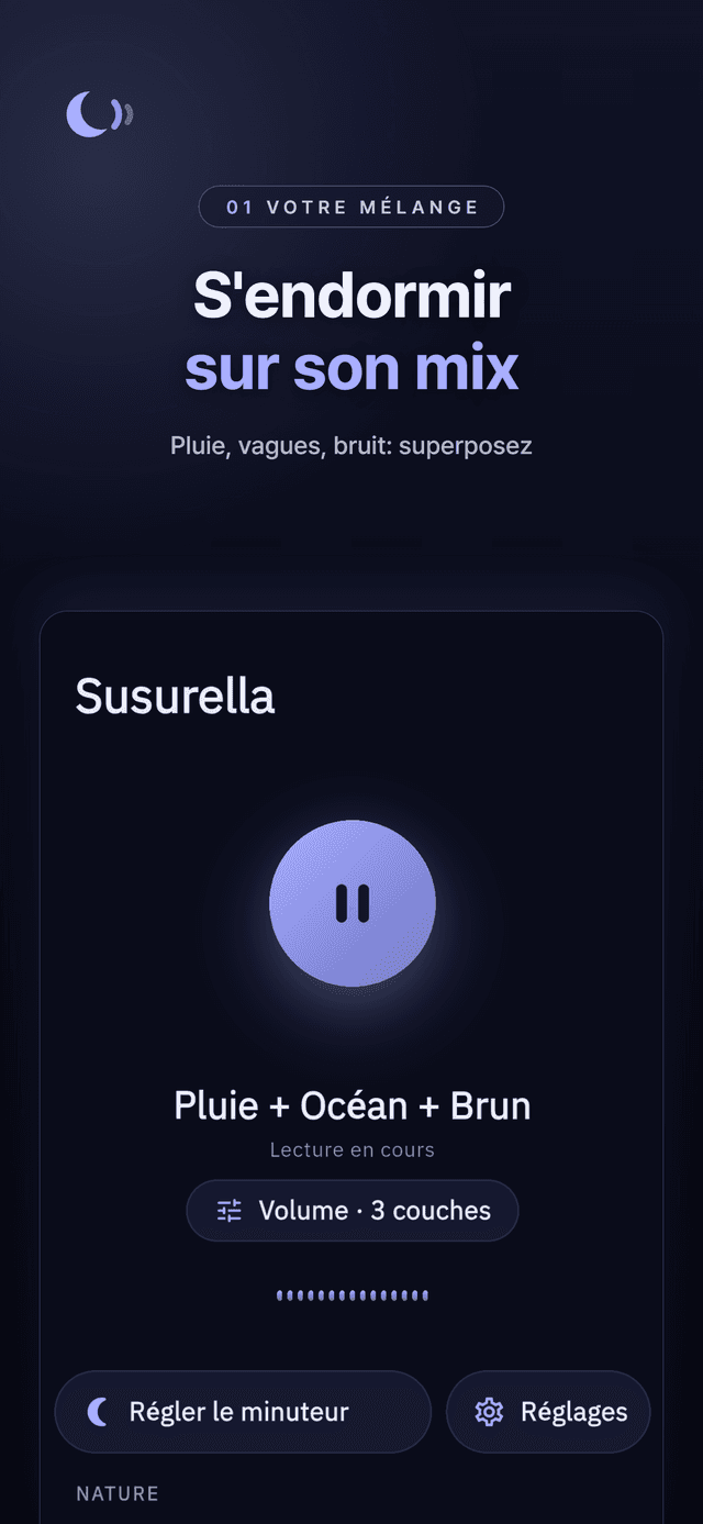 Mélangeur Susurella avec pluie, océan et bruit brun qui jouent ensemble