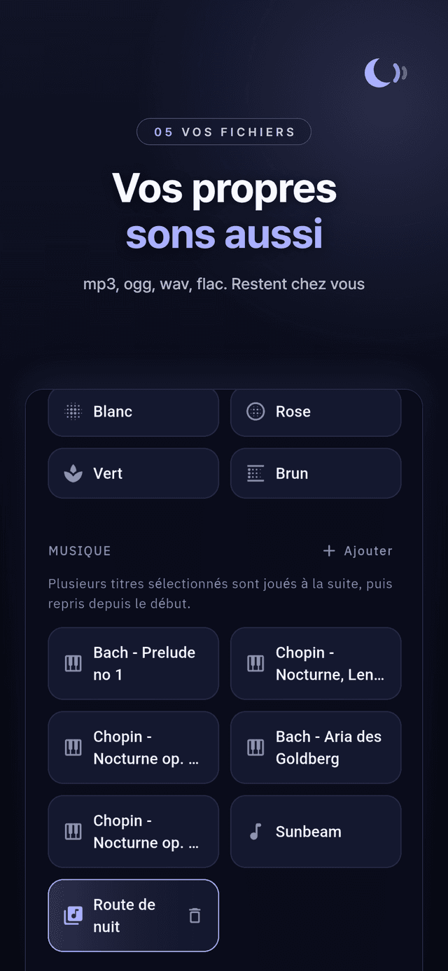 Catalogue de sons avec les couleurs de bruit, le piano classique et un fichier importé