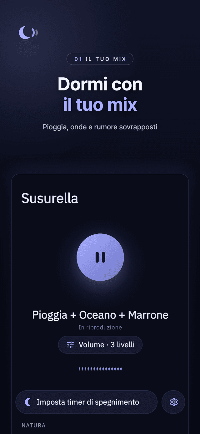 Mixer di Susurella con pioggia, mare e rumore marrone che suonano insieme
