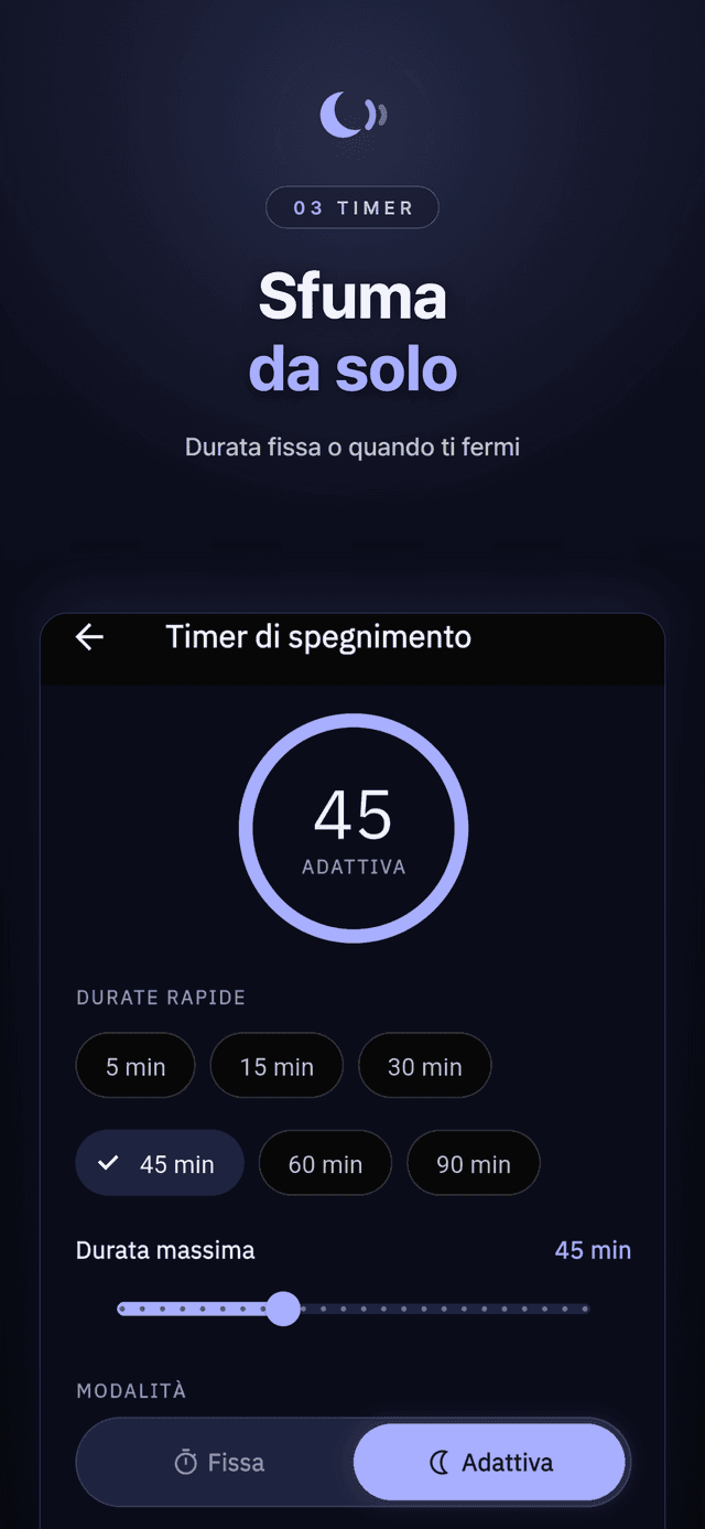 Timer per dormire impostato su 45 minuti in modalità adattiva