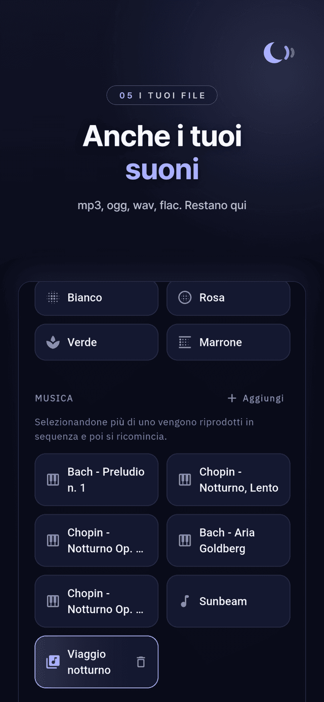 Catalogo dei suoni con i colori di rumore, il pianoforte classico e un file importato