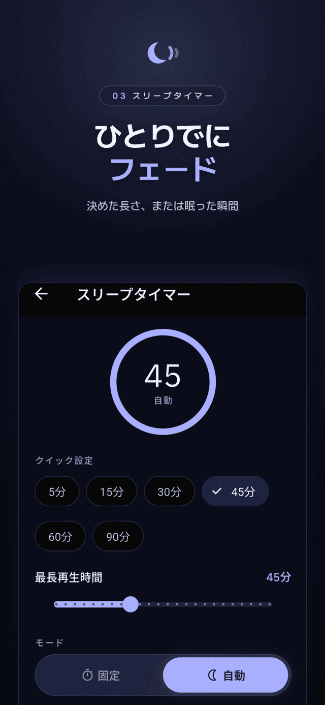 適応モードで45分に設定したスリープタイマー