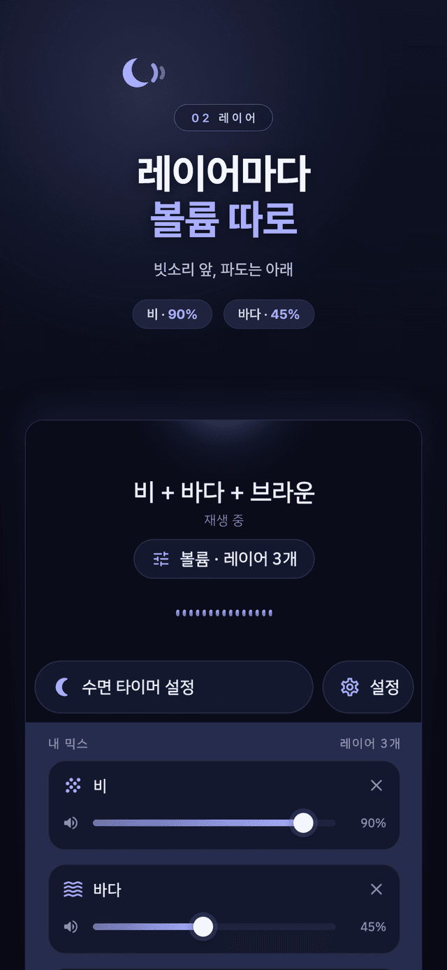 비 90%, 바다 45%로 설정된 레이어별 볼륨 슬라이더