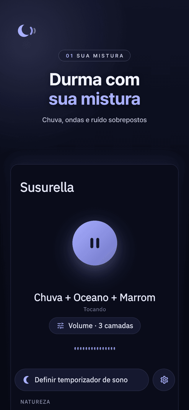 Mixer do Susurella com chuva, mar e ruído marrom tocando juntos